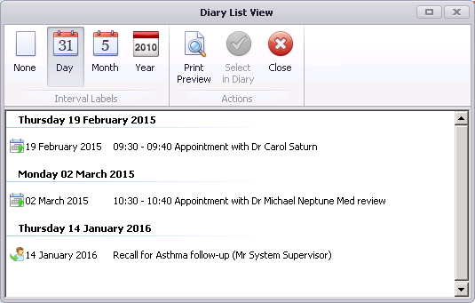 Apps Controller - Patient Diary App - Diary List View