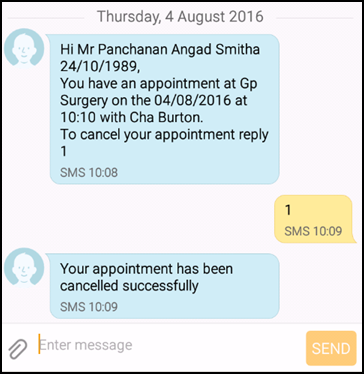 SMS appt reminder sent to pt with reply