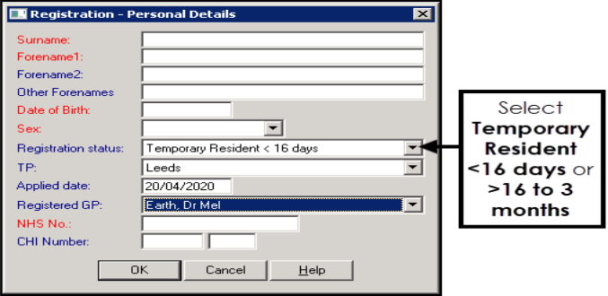 Registration - Personal Details plus Temp Pat shout out