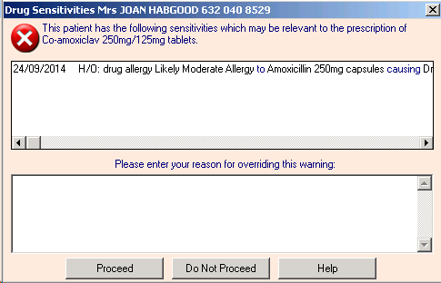 Enter reason for overriding drug sensitivity warning